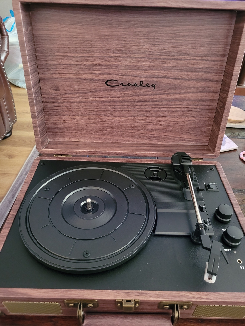 Crosley Woodgrain Brown Portable Record Player with Black Turntable